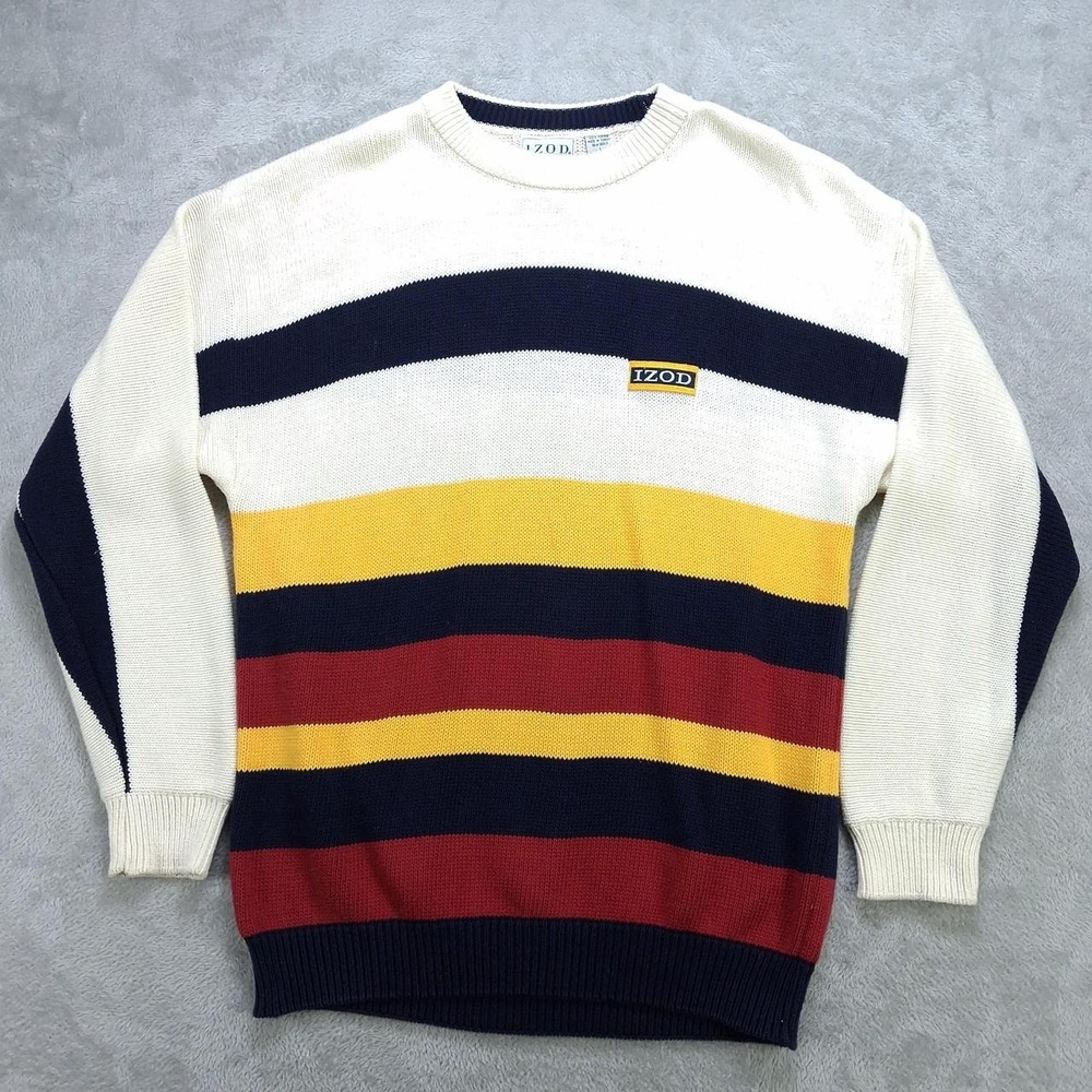 IZOD Mens Striped 100% Cotton Crewneck Sweater Navy Red Yellow Cream Large